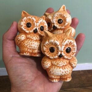 3 Glazed Owl Figurines Double Sided Toothpick Holder? Retro Anthropomorphic VTG